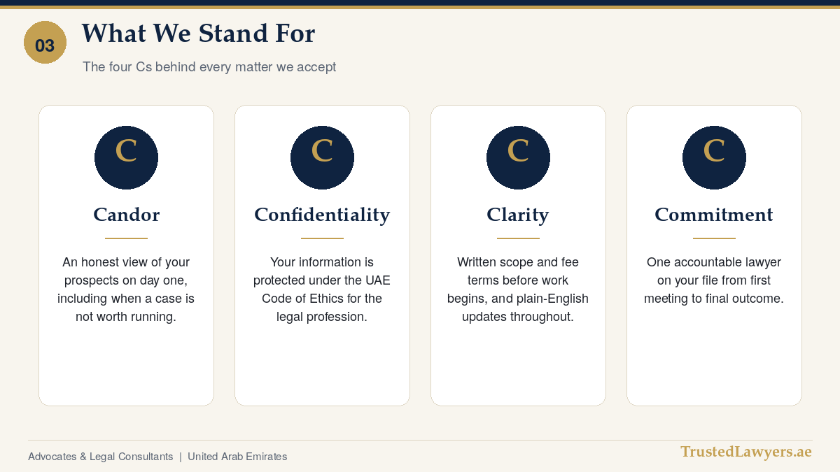 Four values of trusted lawyers in UAE: candor, confidentiality, clarity, commitment