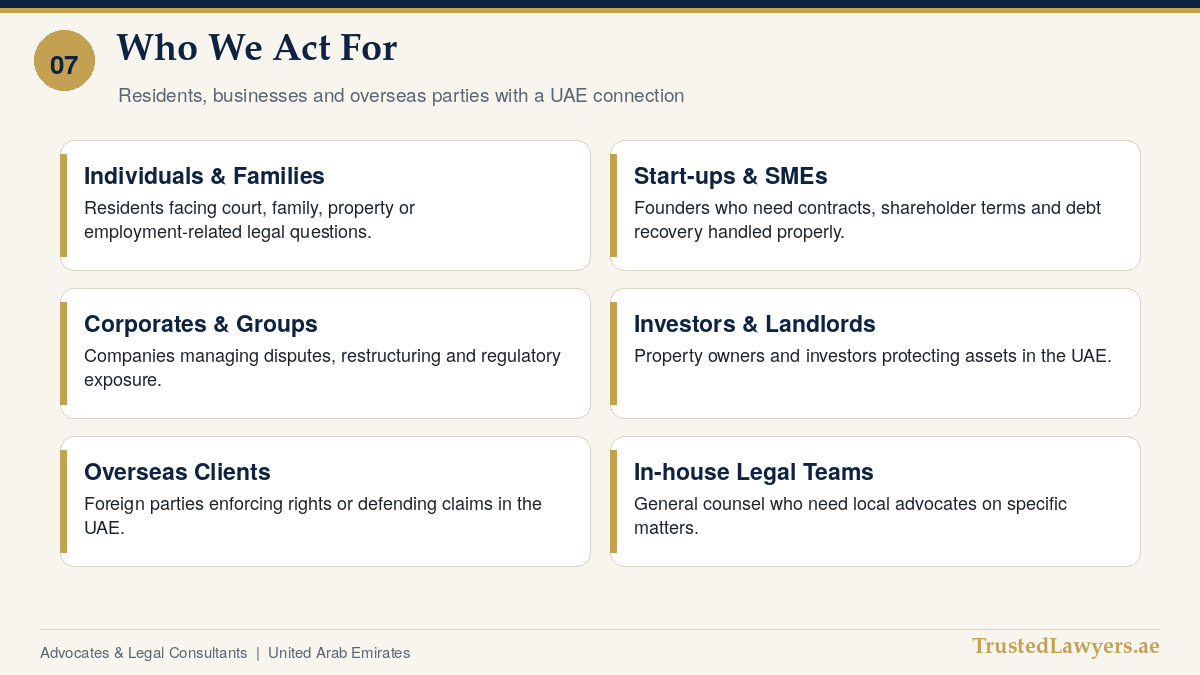 Clients served by trusted lawyers in UAE, from individuals to corporates