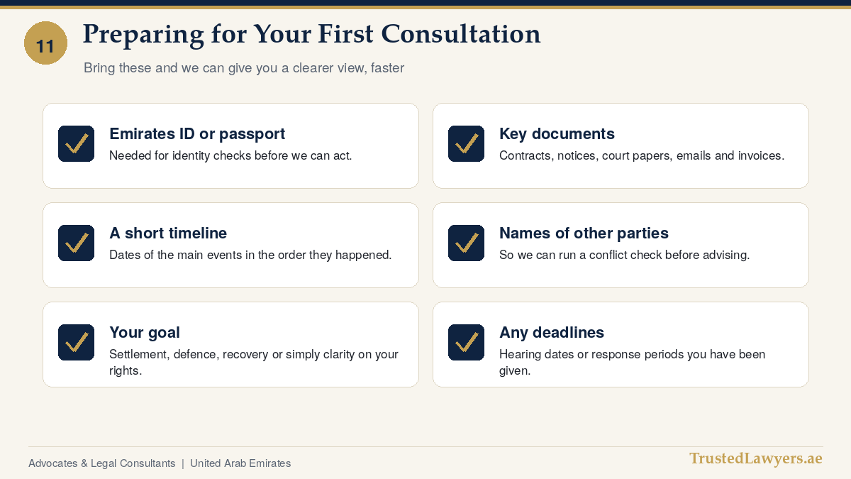 Checklist for a first consultation with trusted lawyers in UAE