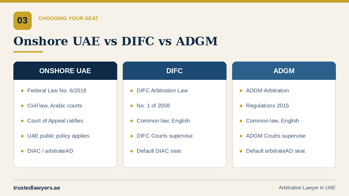 Onshore UAE vs DIFC vs ADGM arbitration seats compared