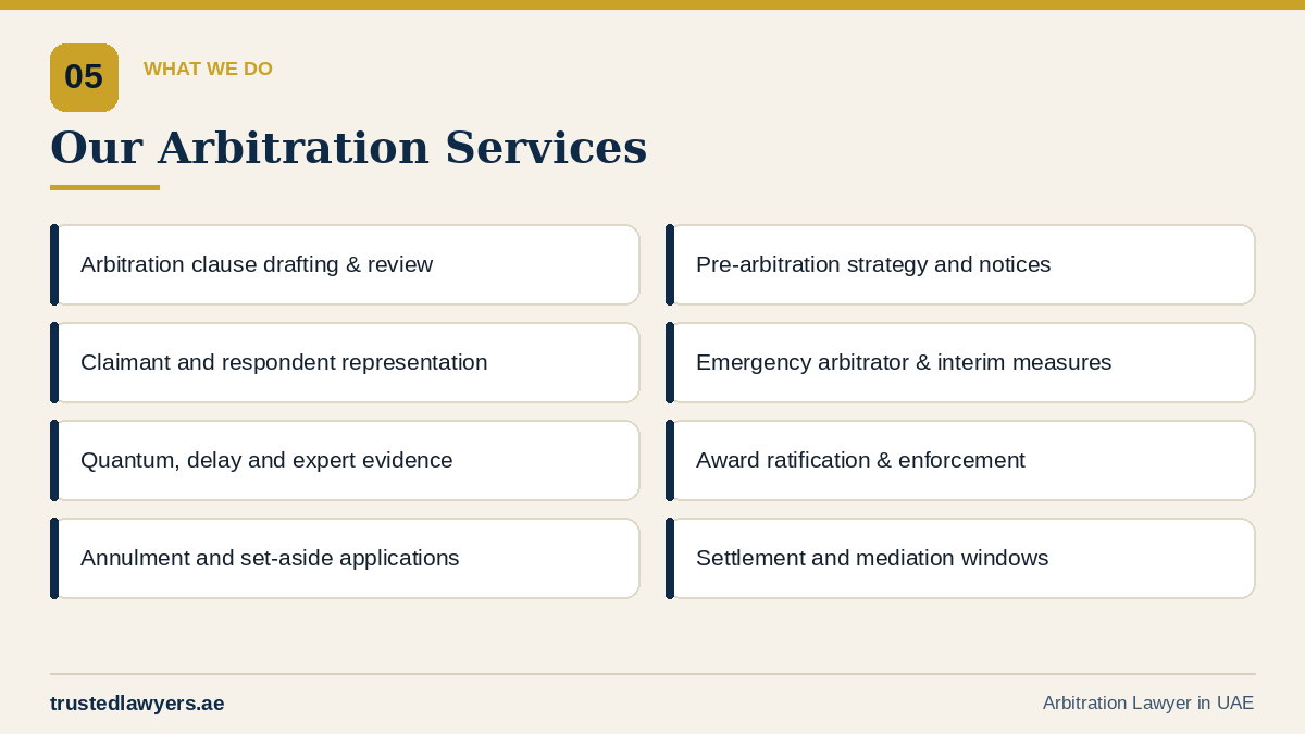 Arbitration lawyer UAE services from clause drafting to award enforcement