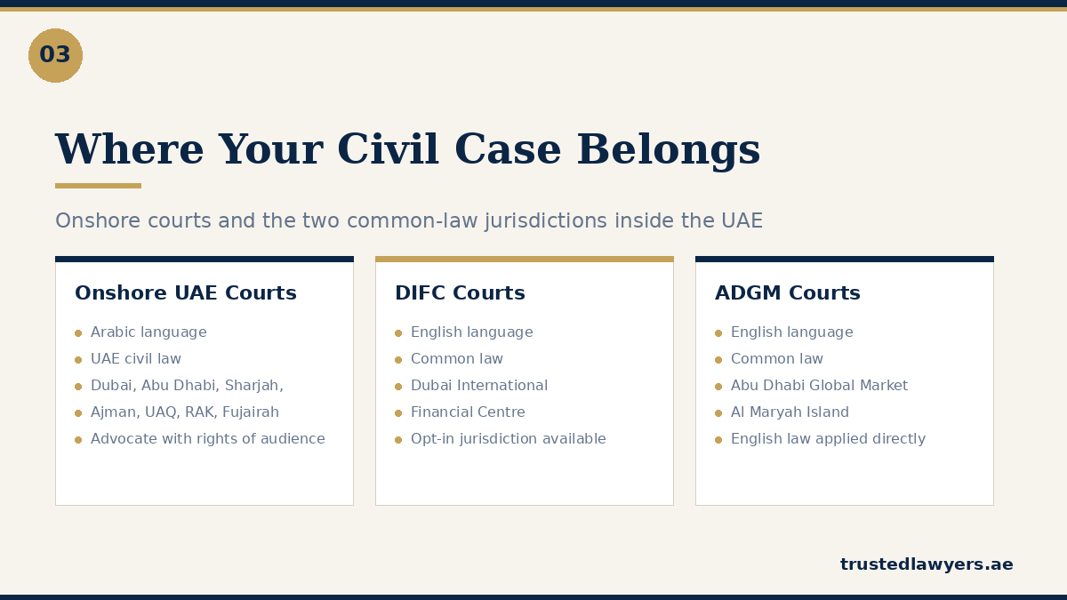 Onshore UAE courts compared with the DIFC Courts and ADGM Courts