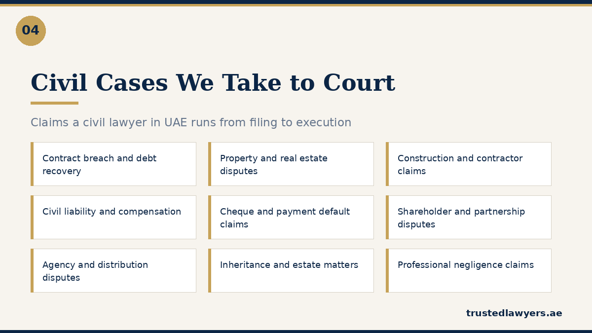 Types of civil cases handled by a civil case lawyer UAE wide