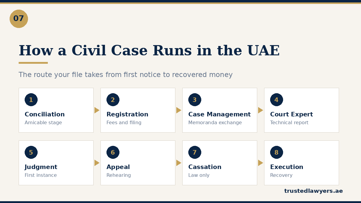 Civil case process in the UAE courts from conciliation to execution