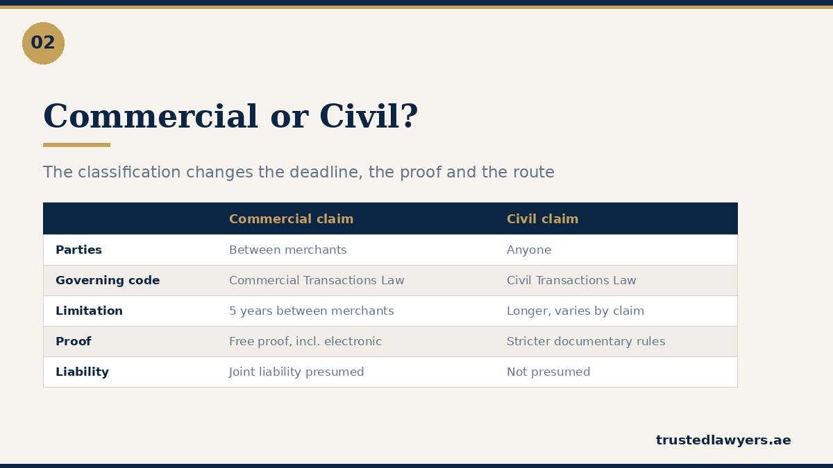 Commercial claim compared with a civil claim under UAE law