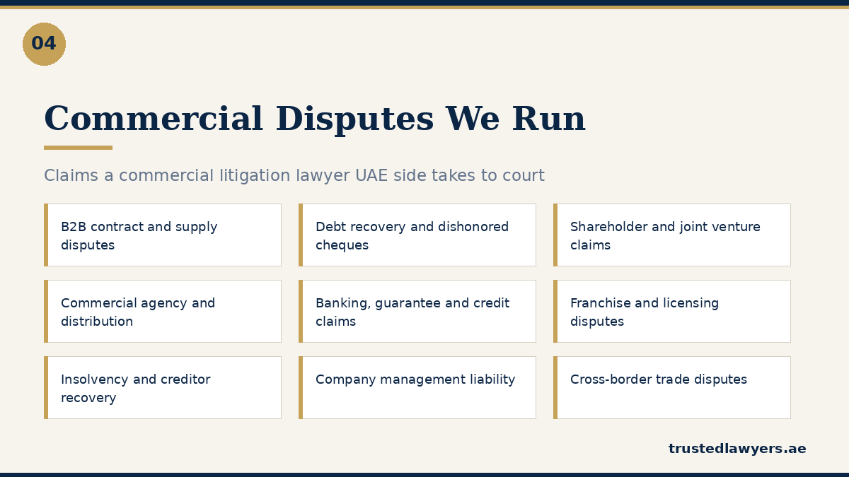 Types of commercial dispute handled by a commercial litigation lawyer UAE wide