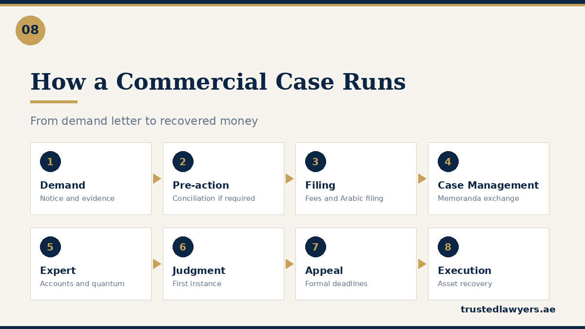 Commercial case process in the UAE courts from demand to execution