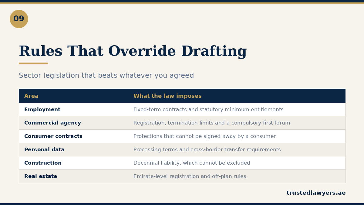 UAE sector legislation that overrides contract drafting