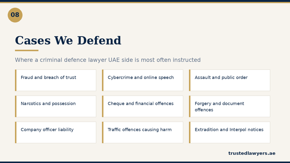 Criminal cases defended by a criminal defence lawyer UAE wide