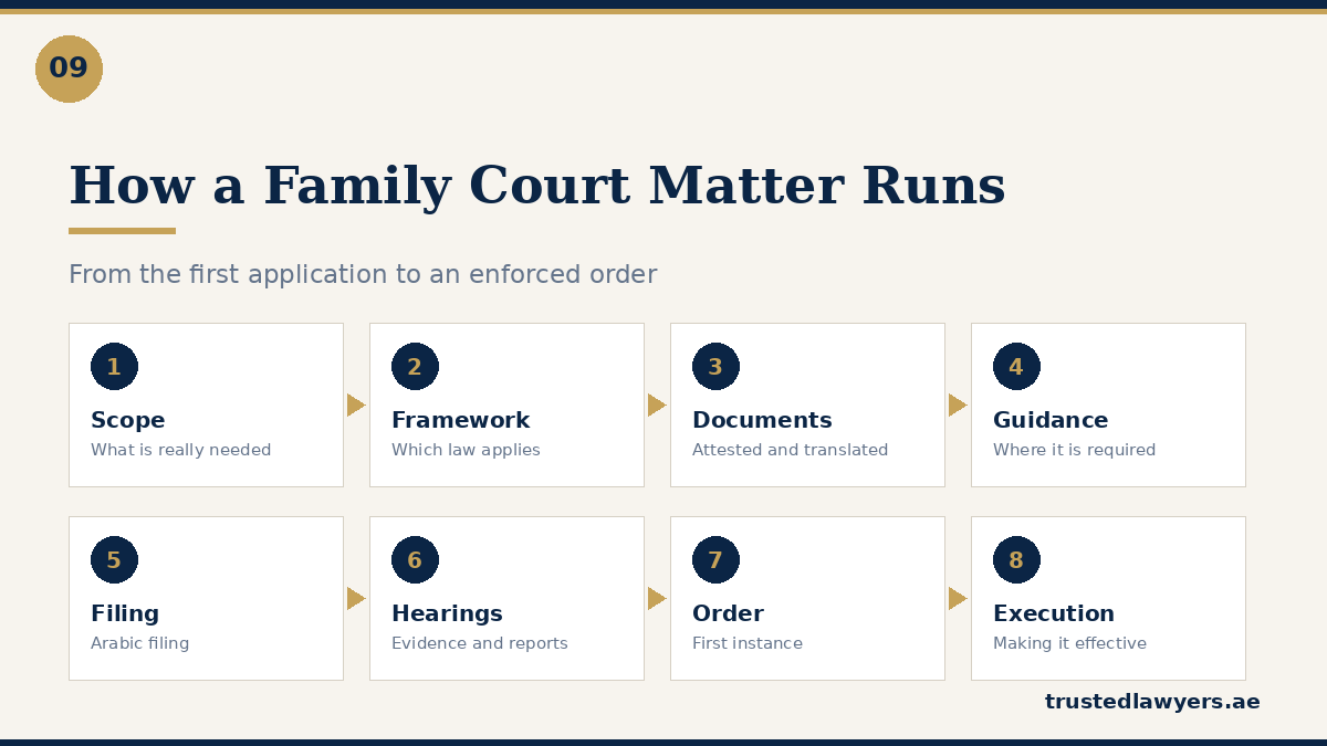 Step by step UAE family court process from application to enforcement