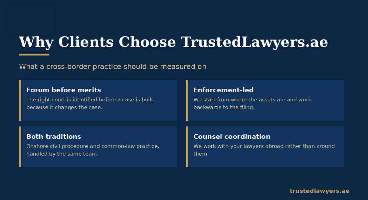 Best international law firm in UAE — how TrustedLawyers.ae runs a cross-border file