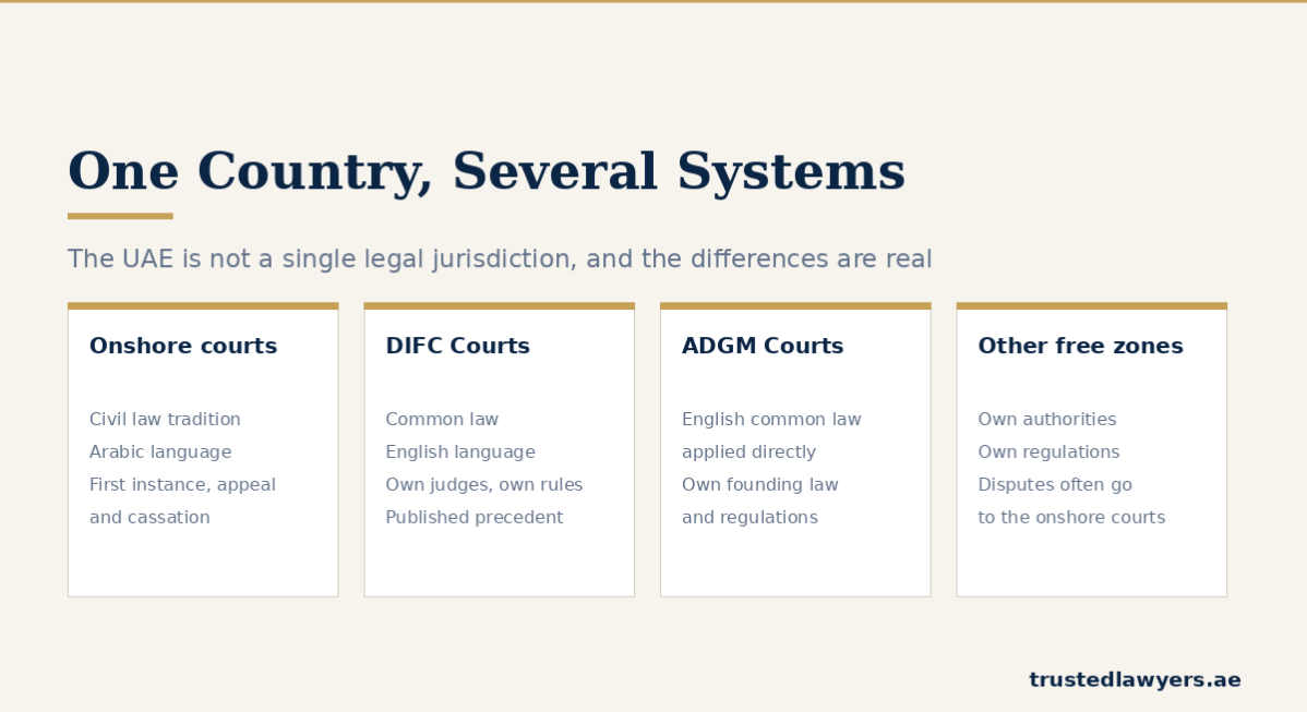 Onshore, DIFC, ADGM and free zone legal jurisdictions in the UAE compared