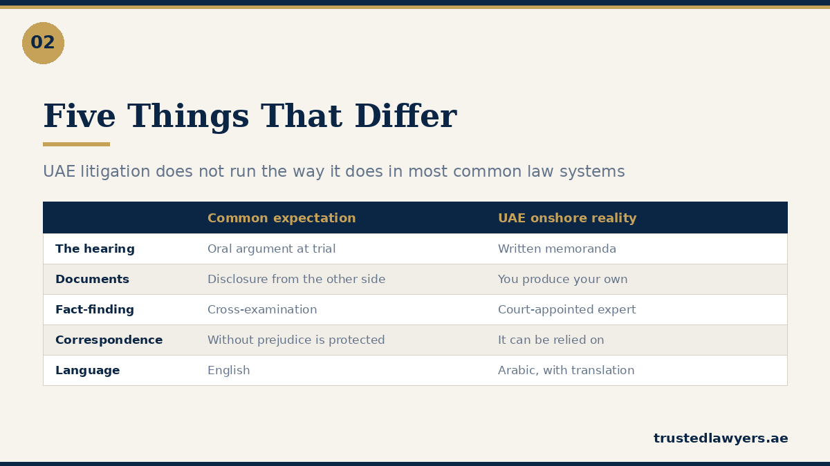 UAE onshore litigation compared with common law court procedure
