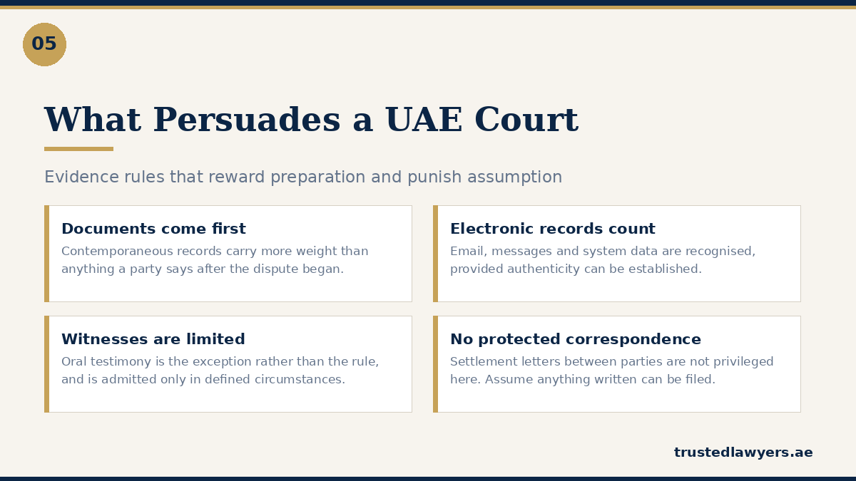 Evidence rules applied by the UAE courts in civil and commercial cases