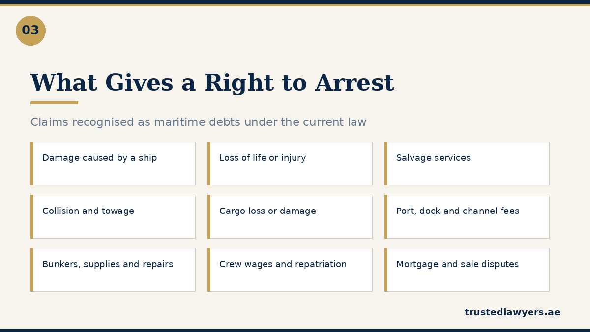 Maritime debts giving a right of ship arrest in the UAE