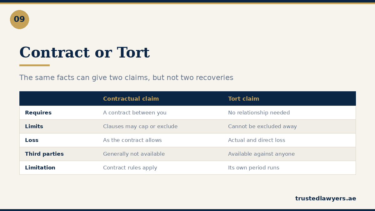 Contractual claim compared with a claim in harmful act in the UAE
